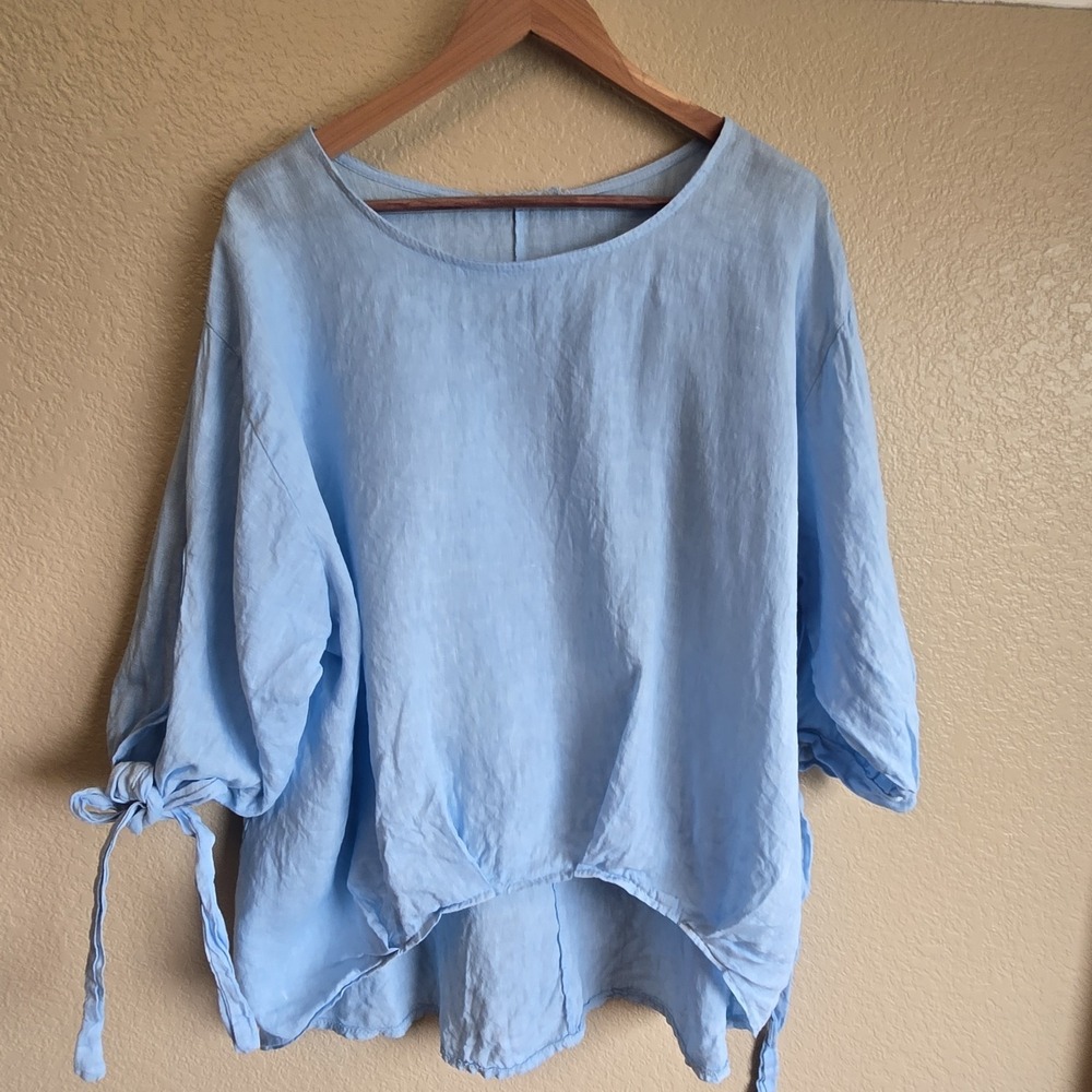 Blue 100 % Linen Blouse High Low Hem Tie Sleeves - coastal, boxy,  Measurements